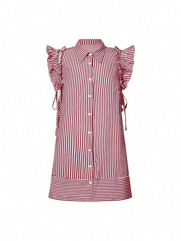Plus Size Women's Summer Stripe Short Sleeve Single-Breasted Shirt Dress With Flare Hem
