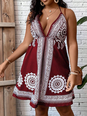 Plus Size Summer Holiday Printed Halter Backless Maxi Dress