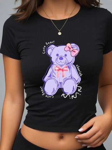 Summer Casual Short Sleeve Round Neck T-Shirt With Teddy Bear Print