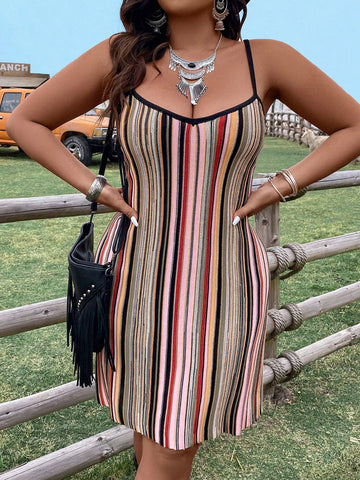 Women's Fashionable Plus Size Striped Vacation Style Spaghetti Strap Dress For Summer