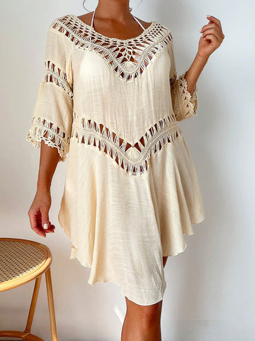 Summer Holiday Leisure Hollow Out Asymmetric Hem Cover-Up Dress