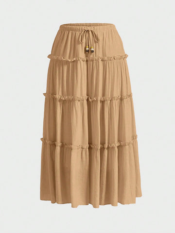 Spring/Summer Skirt Featuring Flounce Hem, Drawstring Elastic Waist And Textured Fabric