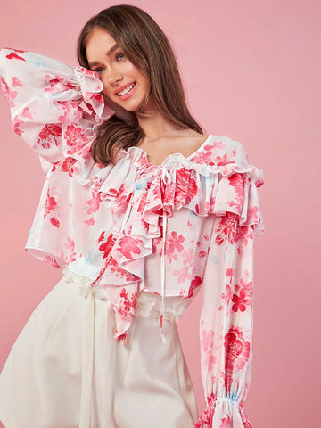 Spring Summer Women's Floral Print Cropped Funny Long Sleeve Shirt With Ruffle Hem