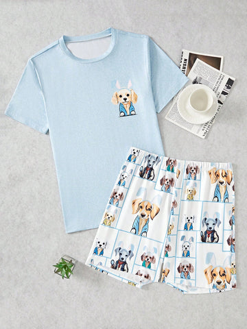 Men's Casual Dog Printed Short Sleeve Round Neck T-Shirt And Shorts Home Clothes Set