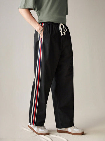 Men's Striped Side With Drawstring Elastic Waist Woven Casual Pants
