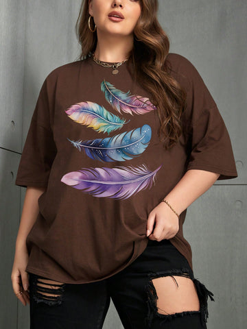 Plus Size Feather Printed Loose Fit Drop Shoulder T-Shirt For Summer