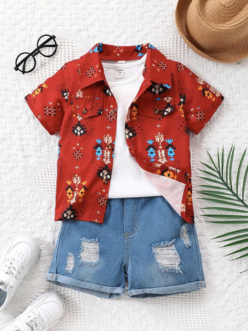 Young Boy's Vintage Printed Short Sleeve Shirt And Ripped Denim Shorts For Summer Beach Vacation