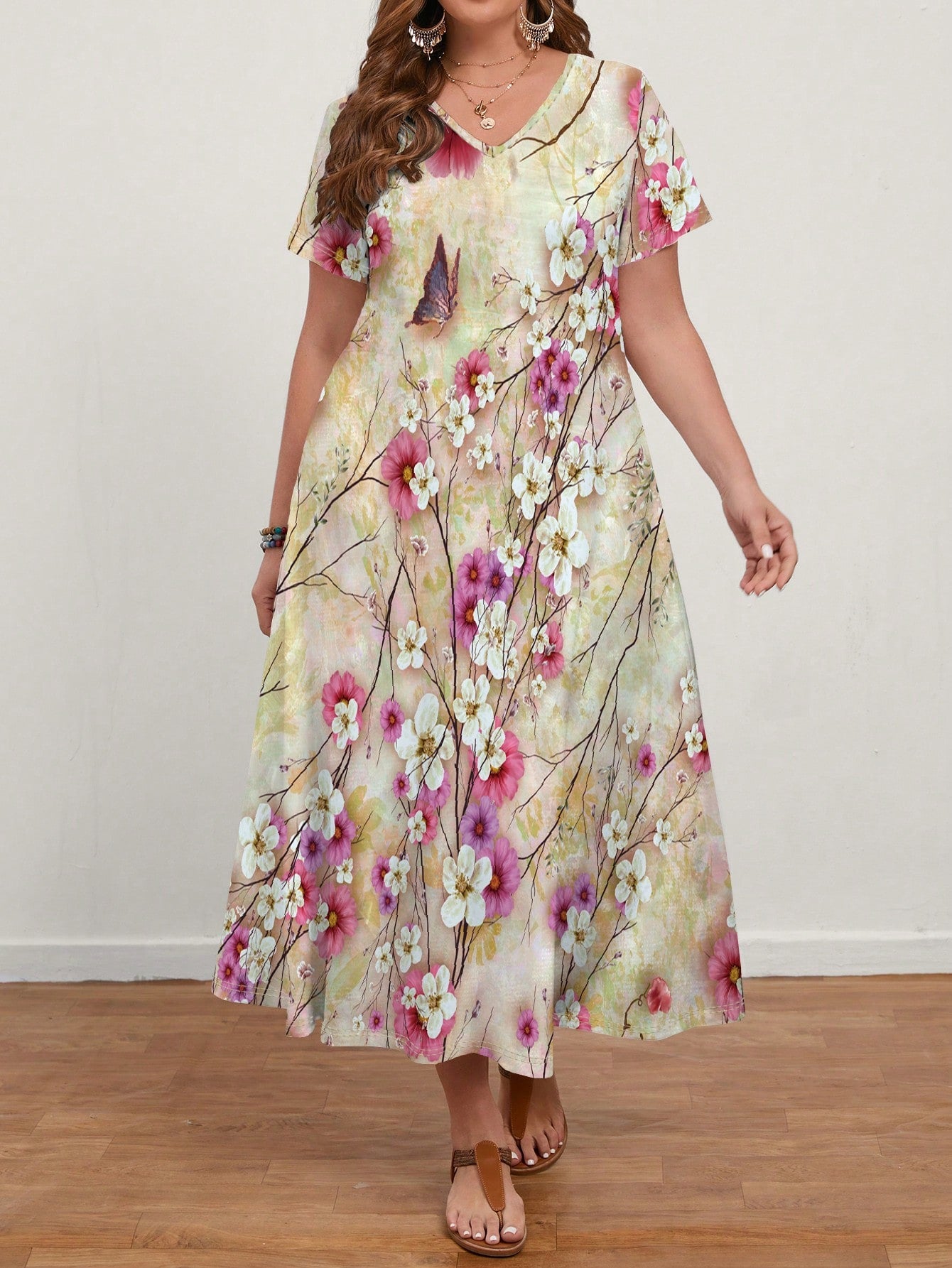 Vintage Branch, Leaf & Floral Printed Long Elegant Slim Fit Plus Size Women Dress