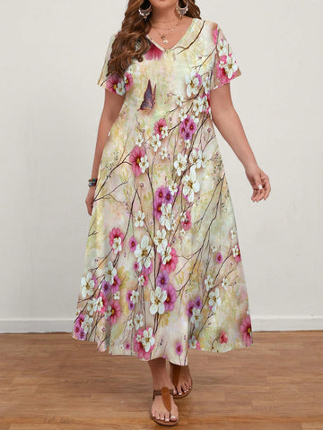 Plus Size Vintage Branch, Leaves & Flower Pattern Elegant Long Dress