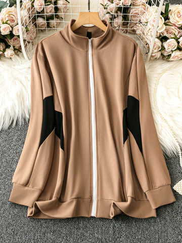 Plus Size Women's Spring And Autumn Color Block Zipper Front Stand Collar Long Sleeve Casual Jacket