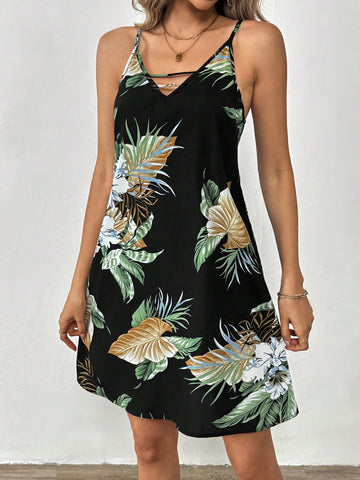 Women's Tropical Printed Backless Cami Dress