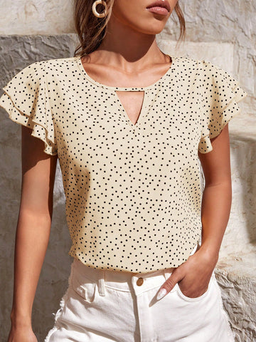Summer Casual Polka Dot Printed Jacquard Shirt With Keyhole Neckline And Ruffle Sleeves