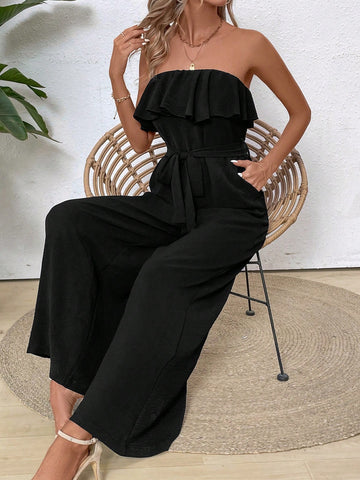 Women's Jumpsuit With Pleats And Flower Embellishment, One Shoulder And Pocket Design