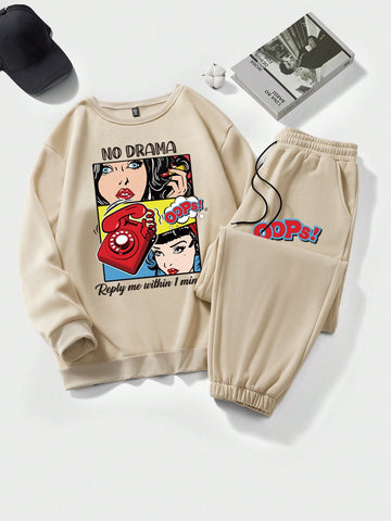 Women's Plus Size Cartoon Print Sweatshirt And Sweatpants Set