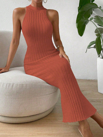 Solid Color Slim Fit Sleeveless Knitted Sweater Dress