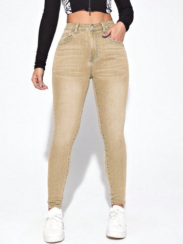 Washed Cat Whisker Design Slim Fit Jeans With Slanted Pockets