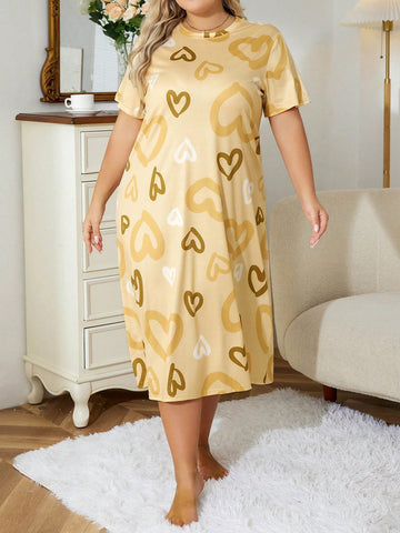 Plus Size Heart Printed Full Coverage Nightgown