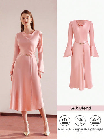 SILK COWL NECK FLARE SLEEVE CHAIN BELTED DRESS