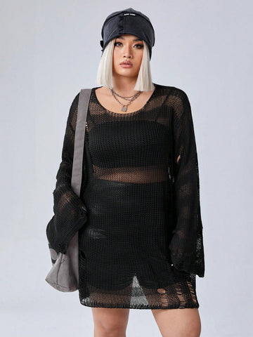 Plus Size Solid Color Long-Sleeved Perspective Sweater Dress