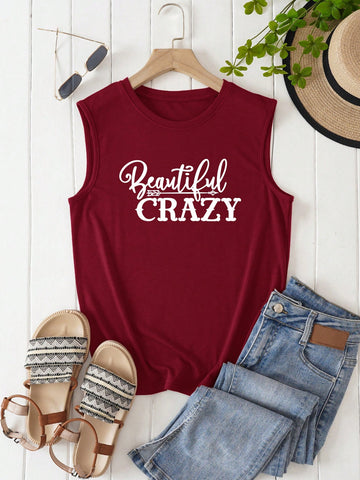Letter Printed Round Neck Women's Tank Top