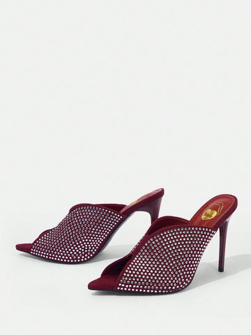 Fashionable Rhinestone Peep Toe High Heeled Sandals Slides