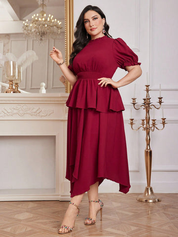 Plus Size Women's Summer Solid Color Stand Collar Waistcoat & Ruffle Hem Half Skirt Elegant Outfit