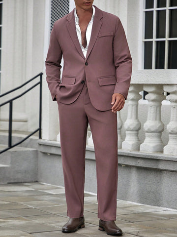 Men's Solid Color Suit Set, Single-Breasted Jacket With Pockets And Long Pants With Button Closure