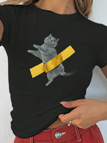 Cute Cat Print Round Neck Short Sleeve T-Shirt, Suitable For Casual Summer Wear