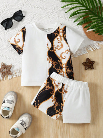 Baby Boys' Casual, Comfortable, Cute And Fashionable Sports Sweater And Elastic Waist Printed Shorts Set