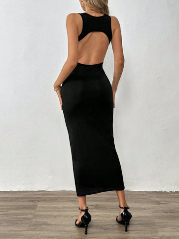 Solid Backless Ribbed Knit Bodycon Dress
