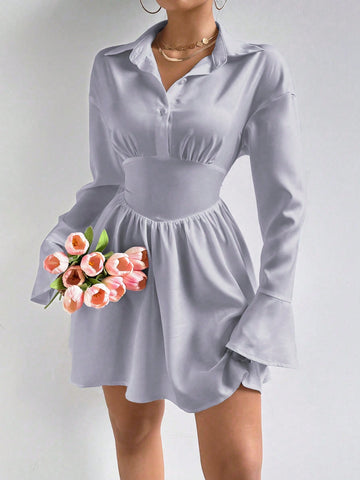 Spring Summer Waist Cinched Half Buttoned A-Line Dress