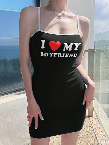 Bodycon Heart Slogan Printed Spaghetti Strap Dress