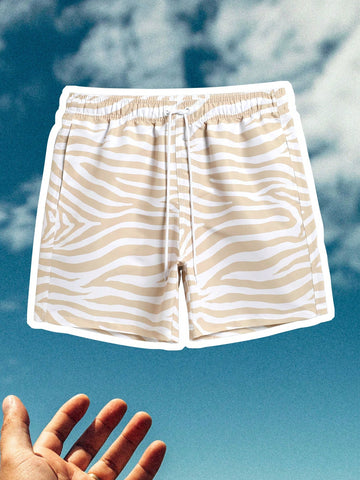 Men's Summer Holiday Drawstring Waist Beach Shorts With Zebra Pattern Print