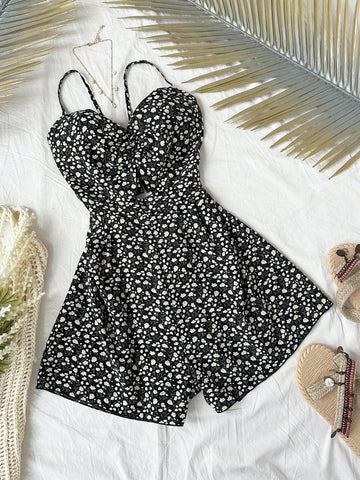 Floral Print Backless Twisted Cami Romper With Cut-Out Waist Design