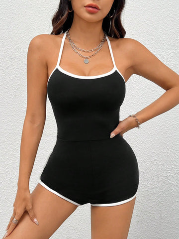 Knitted Color Block Jumpsuit With Halter Tie For Women In Black