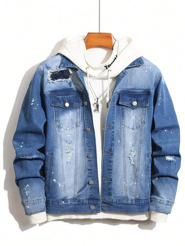 Men Simple Daily Casual Jeans Jacket With Distressing