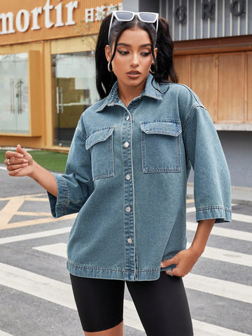 Women's Relaxed-Fit Workwear Style Pocketed Casual Denim Jacket