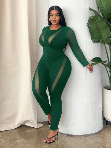 Plus Size Women's Knitted Sexy Fishnet Mesh Patchwork Jumpsuit