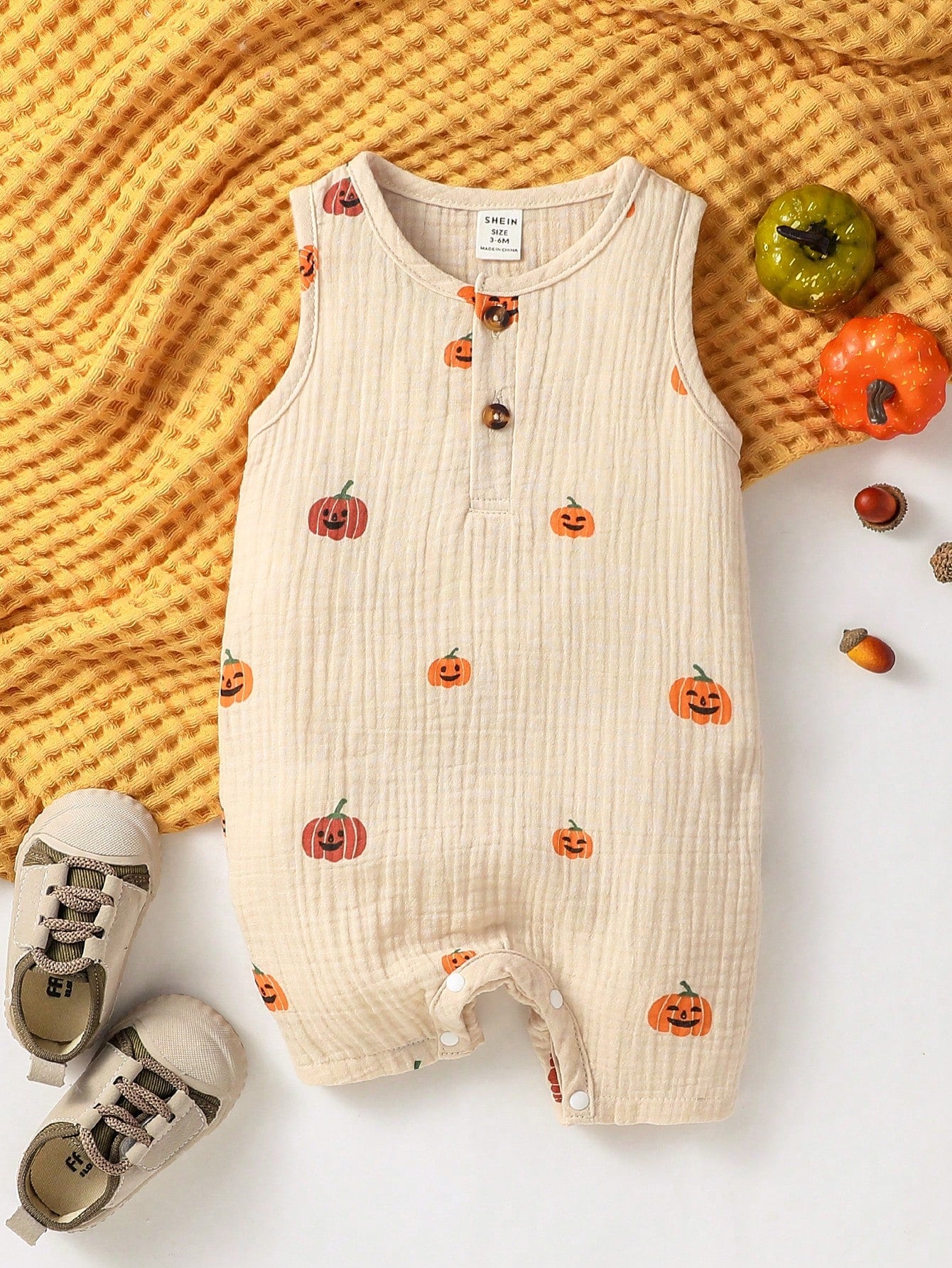 Baby Boy's Pumpkin Printed Button-Front Half Placket Romper