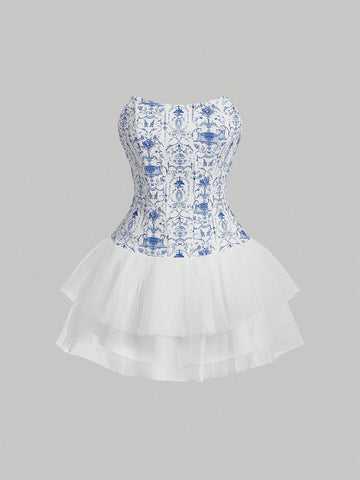 Blue And White Porcelain Printed Mesh Splice Bodycon Bandeau Dress