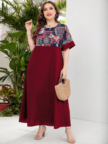Plus Size Holiday Style Printed Patchwork Long Dress