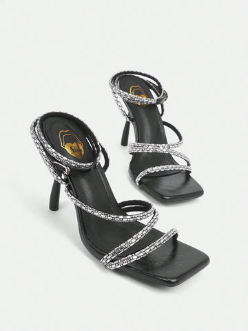 Women's High Heel Diamond Strap Sandals With Thin Heels, Square Toe And Rhinestone Buckle
