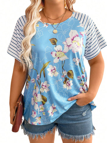 Plus Size Flower Print Striped Patchwork Raglan Sleeve T-Shirt, Perfect For Summer Casual Wear