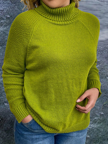Plus Size Spring Solid Color High Neck Raglan Sleeve Casual Sweater
