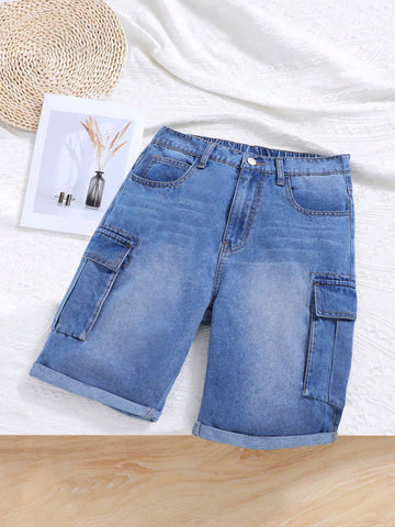 Teen Boy Blue Fashioable Casual Denim Short Cargo Pants For Summer Vacation And Dailywear