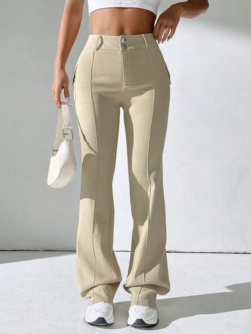 Retro Style Grey Flap Detail Seam Detail Pants