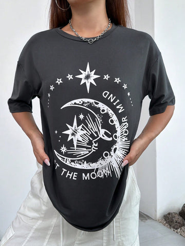 Star & Moon Pattern Oversized Round Neck Short Sleeve T-Shirt, Perfect For Summer Casual Wear