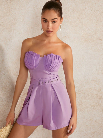 Pleated Bust Seashell Belted Romper