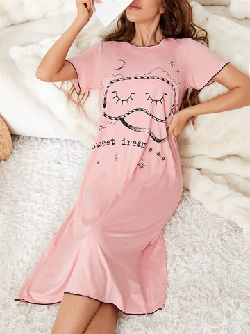 Women's Pink Cloud Printed Short Sleeve Sleep Dress With Ruffled Hem For Spring/Summer