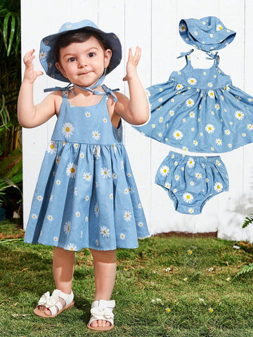 Babygirl Summer Holiday Flower Patterned 3pcs Set - Cami Dress, Shorts, And Hat